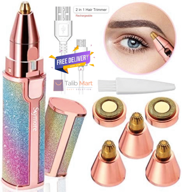 2 in 1 Rechargeable Hair Remover & Eyebrow Trimmer for Women – Painless Facial Hair Removal for Lip, Chin, Nose, Arms – Portable Electric Shaver
