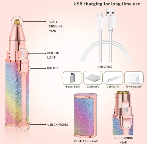 2 in 1 Rechargeable Hair Remover & Eyebrow Trimmer for Women – Painless Facial Hair Removal for Lip, Chin, Nose, Arms – Portable Electric Shaver - Image 8