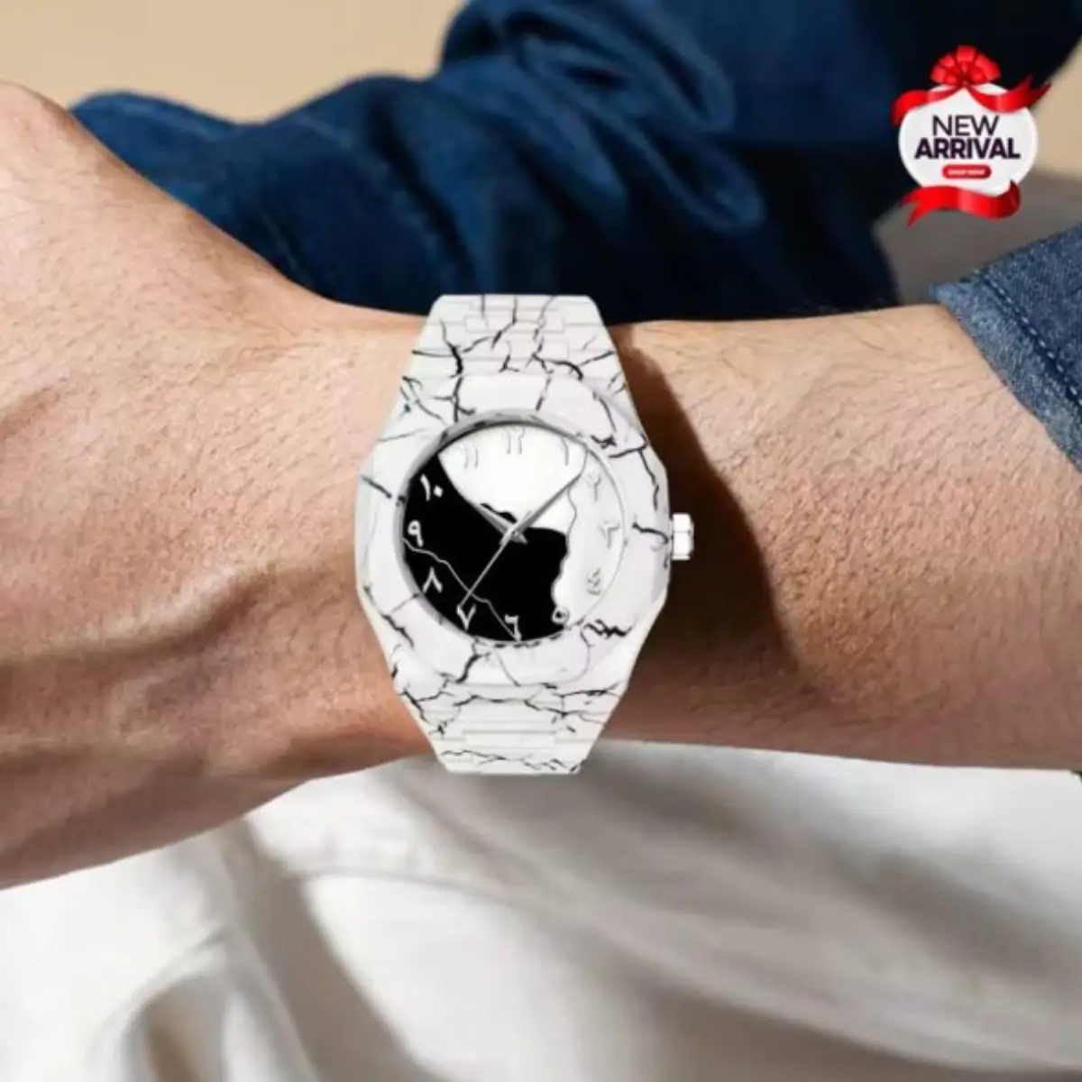 White Marble Arabic Aura Zebra Shade – Men’s Premium Fashion Watch - Image 6