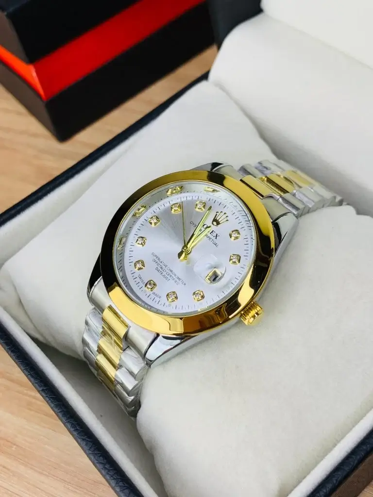 Rolex Luxury Stone Watch With Date – White Dial | Premium Men’s Wrist Watch - Image 2